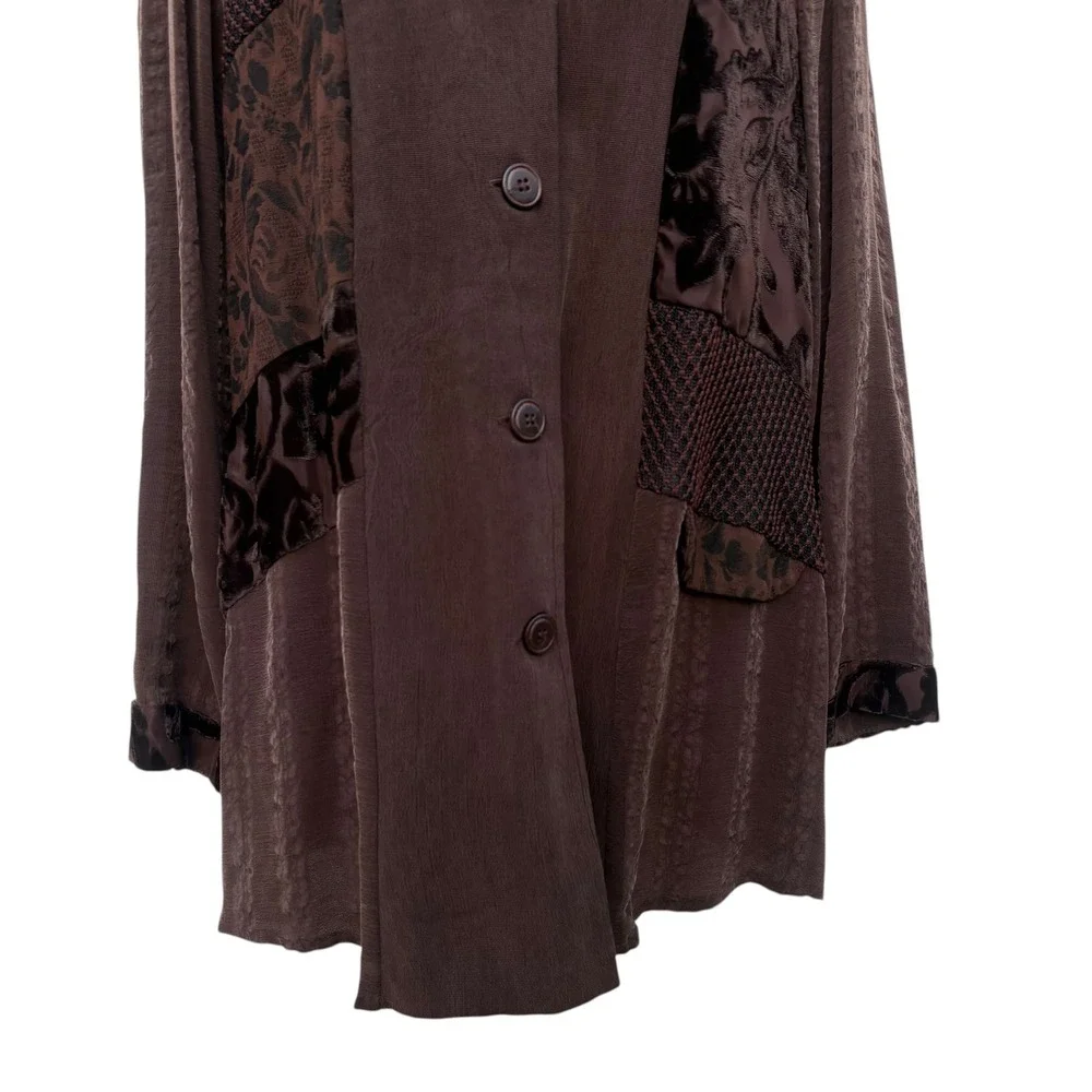VTG 90s Neil David Patchwork Shirt M Brown Velvet Burnout Silk Blend Artsy Tunic - Picture 8 of 11